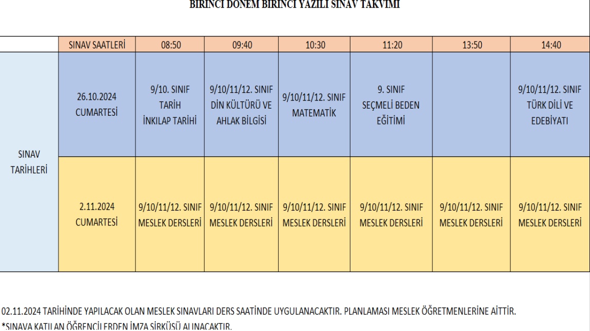 MESEM BİRİNCİ DÖNEM BİRİNCİ YAZILI SINAV TAKVİMİ